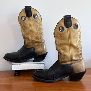 Double-H Mens DH1535 Western Cowboy Boots Black Tan Leather Made in USA 9.5 EE